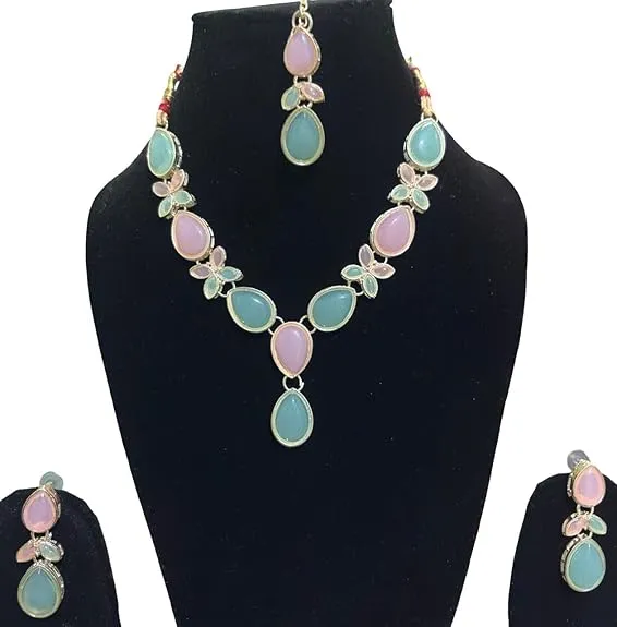 illusion Vintage Kundan Mint Green & Rose Pink Stone Necklace Set with Matching Earrings | Elegant Floral Design Jewellery for Women & Girls