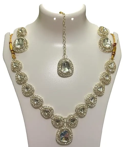 illusion Elegant Kundan Style Crystal Necklace Set with Earrings and Maang Tikka, Traditional Wedding Jewelry with Adjustable Dori, Lightweight Adjustable Kundan
