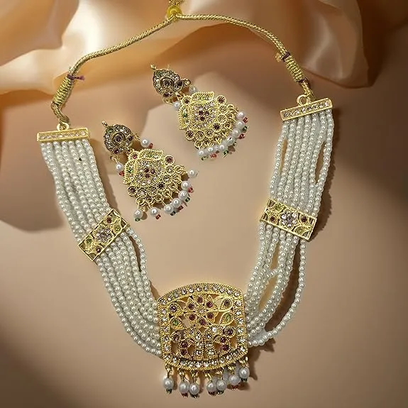 illusion Traditional Kundan Pearl Necklace and Earrings Set, Multi-Style Jewellery with Multicolour