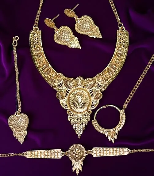 Illusion Traditional Pearl & Crystal Choker Necklace Set with Earrings and Maang Tikka | Gold-Toned Bridal & Wedding Jewellery for Women & Girls